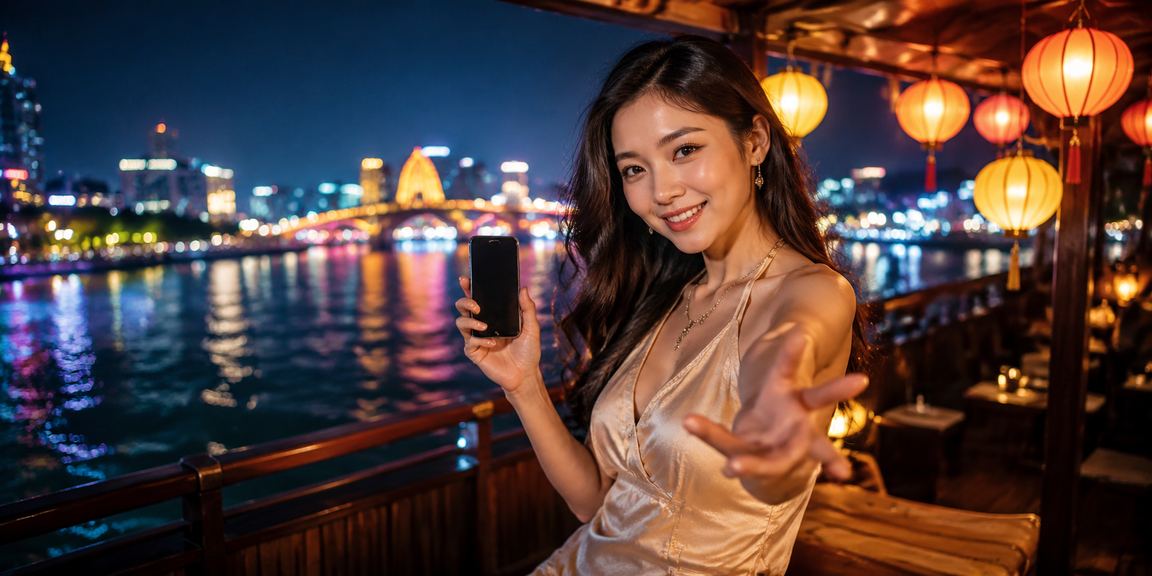 Người dùng Đà Nẵng truy cập casino trên điện thoại di động dưới ánh đèn lồng về đêm